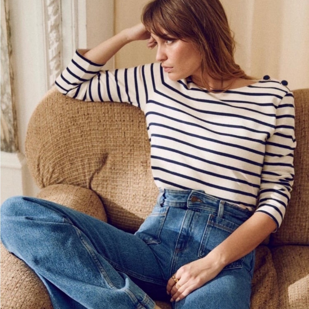 Sezane Colette Mariniere Nautical Navy Ivory Stripe Top, XS